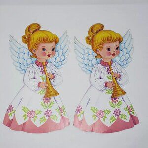 Vtg (2) Diecut Cardboard Angel USA Christmas Angelic Girl Plays Trumpet Horn